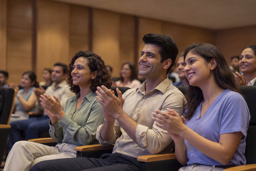 Attendees listening to a session and applauding